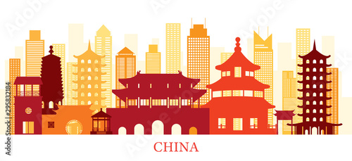 China Skyline Landmarks Colorful Silhouette Background