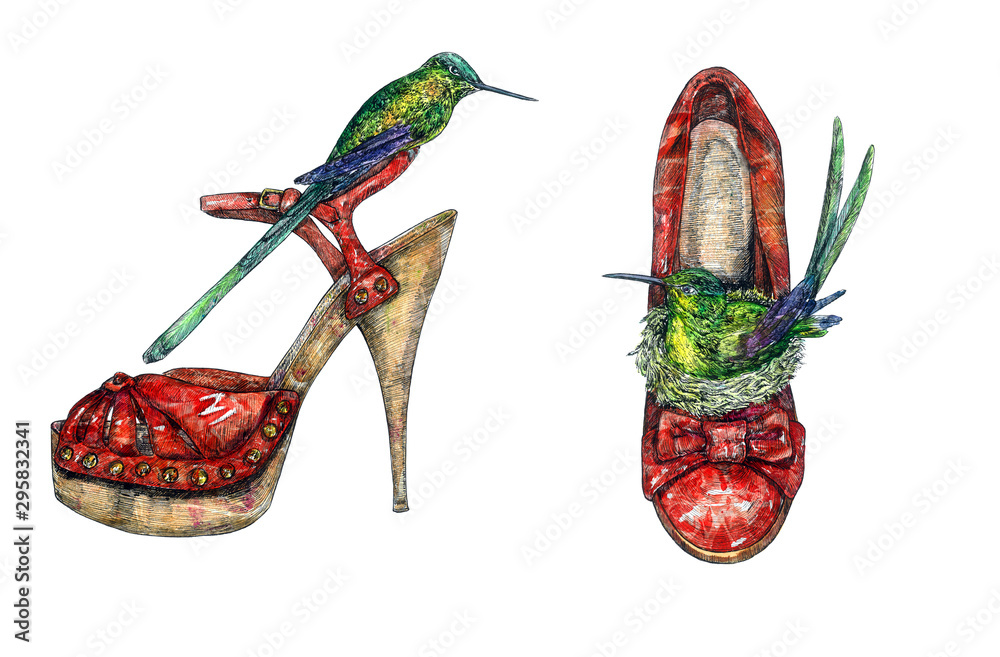 Red leather heel shoes with green hummingbird sitting in nest inside and other one on stilettos shoes sandals, hand painted watercolor with ink drawing illustration