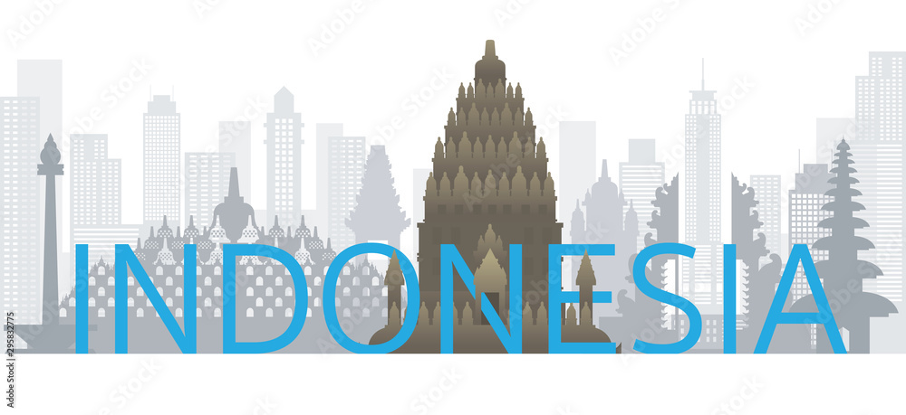 Indonesia Skyline Landmarks with Text or Word