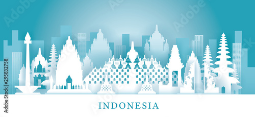 Indonesia Skyline Landmarks in Paper Cutting Style
