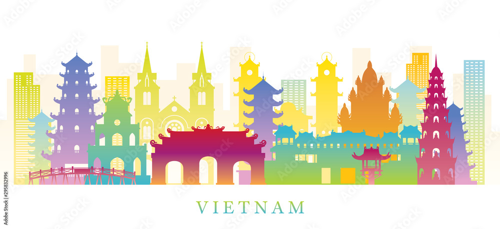 Vietnam Skyline Landmarks Colorful Silhouette Background