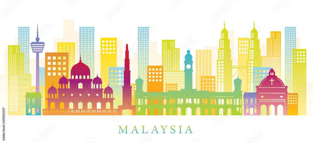 Malaysia Skyline Landmarks Colorful Silhouette Background
