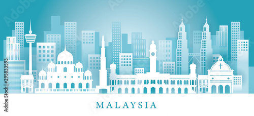 Fototapeta Naklejka Na Ścianę i Meble -  Malaysia Skyline Landmarks in Paper Cutting Style