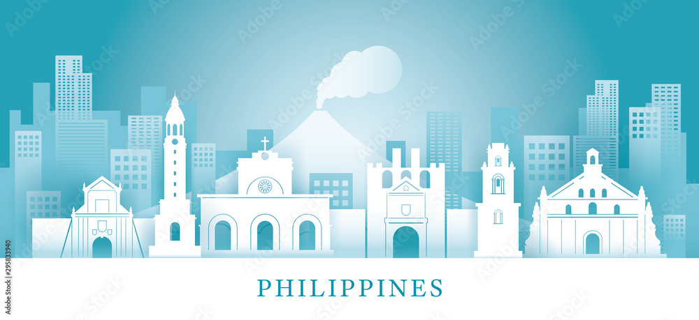 Philippines Skyline Landmarks in Paper Cutting Style
