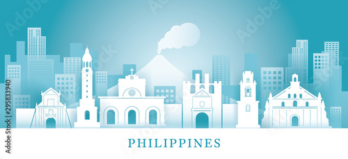 Philippines Skyline Landmarks in Paper Cutting Style