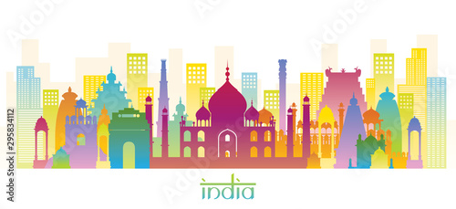 India Skyline Landmarks Colorful Silhouette Background