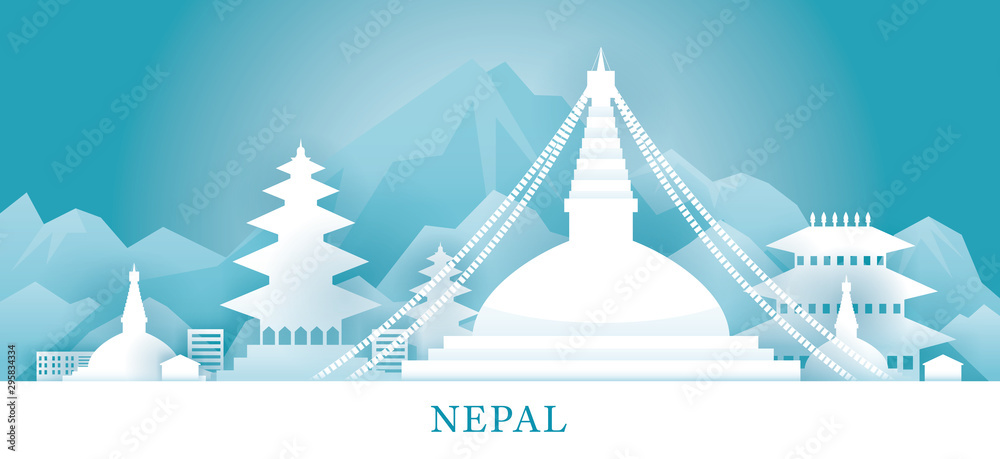 Naklejka premium Nepal Skyline Landmarks in Paper Cutting Style