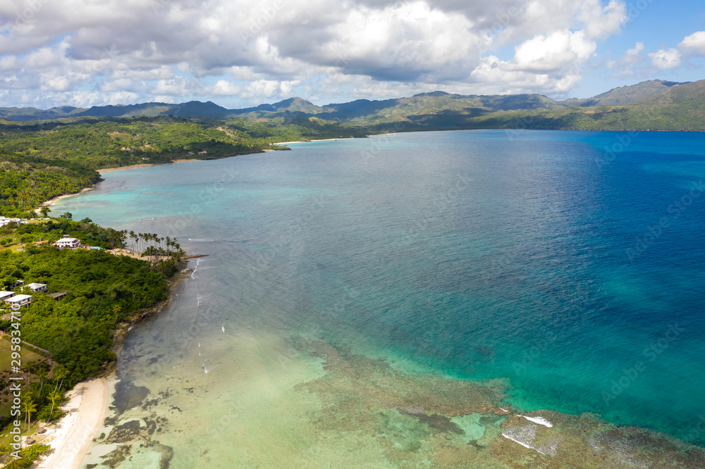 Fototapeta premium Aerial photography of wonderful tropical panorama of Rincon bay.Samana peninsula,Rincon beach,Dominican Republic.