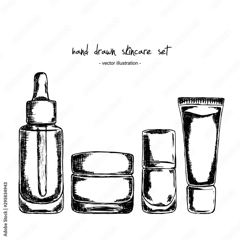 A set of bottles and tubes of cosmetics, jars for skin care with