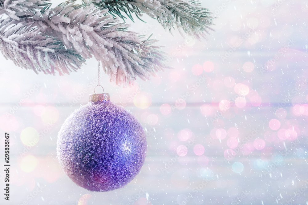 Violet Christmas ball on frosty branch. Xmas and New Year concept Violet Christmas ball on frosty branch. Xmas and New Year concept