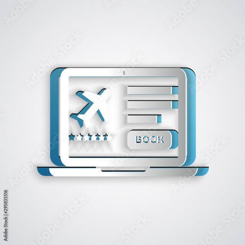 Paper cut Laptop with electronic boarding pass airline ticket icon isolated on grey background. Passenger plane mobile ticket for web and app. Paper art style. Vector Illustration