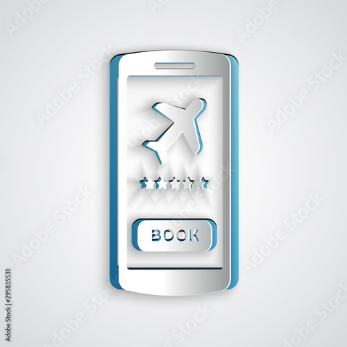 Paper cut Smartphone with electronic boarding pass airline ticket icon isolated on grey background. Passenger plane mobile ticket for web and app. Paper art style. Vector Illustration