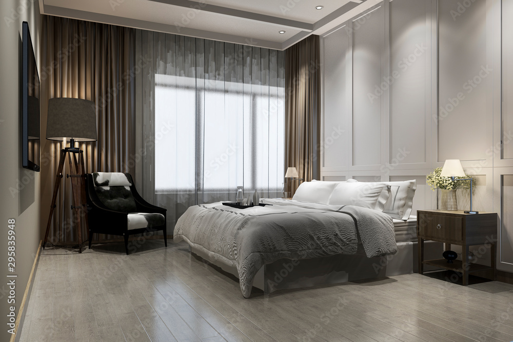 Obraz premium 3d rendering beautiful luxury vintage bedroom suite in hotel with tv