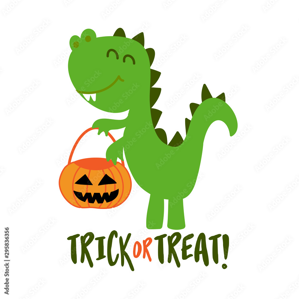 Obraz premium Trick or treat - Cute Dino print design- funny hand drawn doodle, cartoon alligator. Good for Poster or t-shirt textile graphic design. Vector hand drawn illustration.