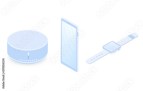 Smart technology wireless gadgets concept. Modern iot voice assistant speaker, Smart watch and smartphone closeup vector isometric composition on white background