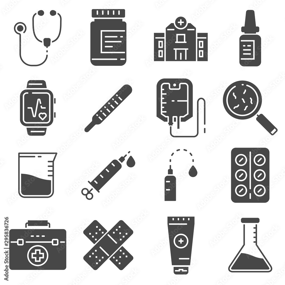 Medical icons set on gray background