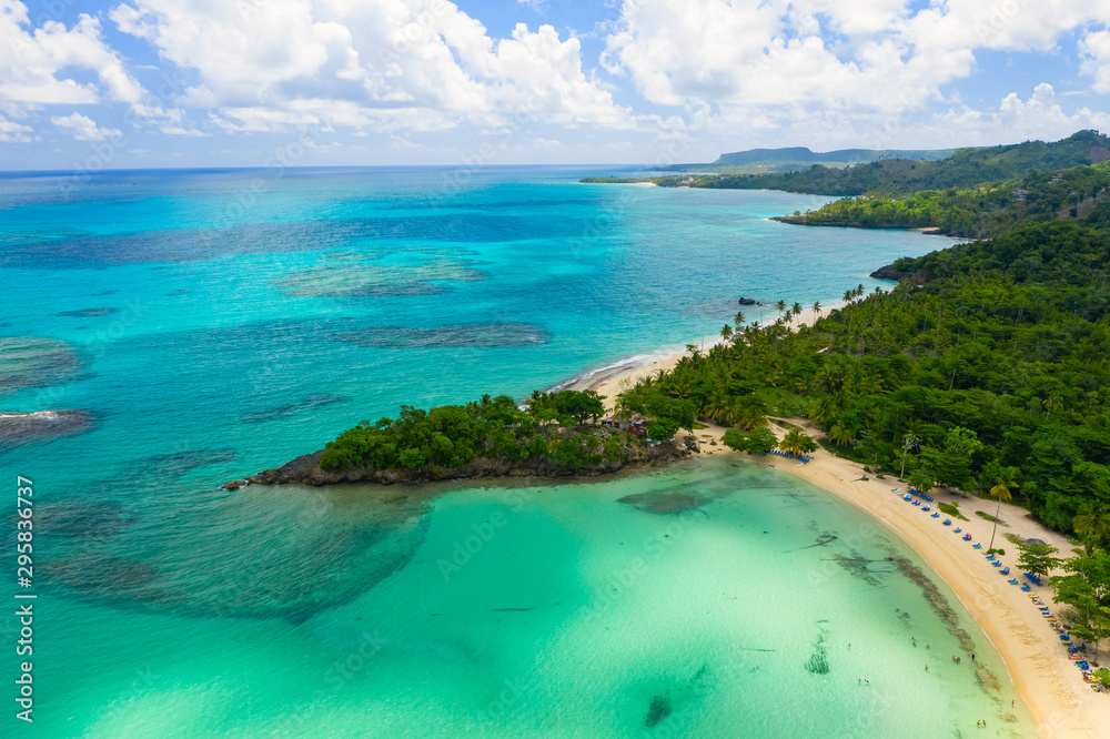 Aerial photography of amazing tropical panorama of Rincon bay.Samana peninsula,Rincon beach,Dominican Republic.