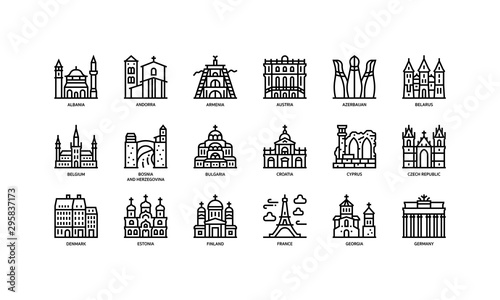 European cities landmarks icons set