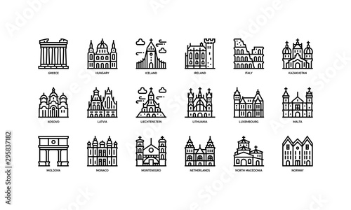 European cities landmarks icons set