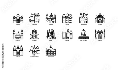 European cities landmarks icons set