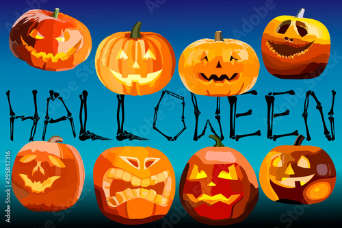 Set of eight pumpkins for Halloween. Wallpaper on the wall for the holiday. Unusual inscription Halloween. Pumpkins with different expressions of emotions. Vector image.