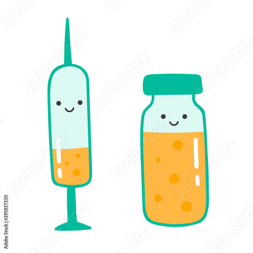 Cute kawaii vector illustration of medical vaccination. Health concept with syringe and bottle vaccine. Characters for design, promotion and children book. Flu shot isolated on white background