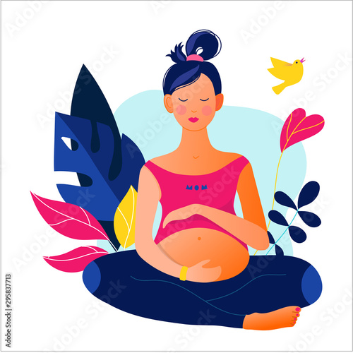 Pregnant woman doing yoga. Active well fitted pregnant female character. Happy pregnancy. Yoga and sport for pregnant. Flat cartoon vector illustration