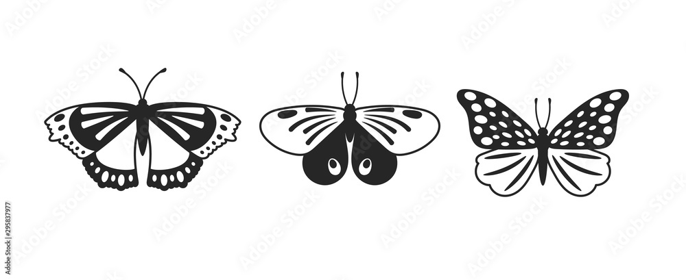 Butterflies vector glyph illustrations set. Tropical beautiful insects isolated on white background. Flying exotic bugs cliparts. Butterflies with dots and lines ornaments on wings design elements