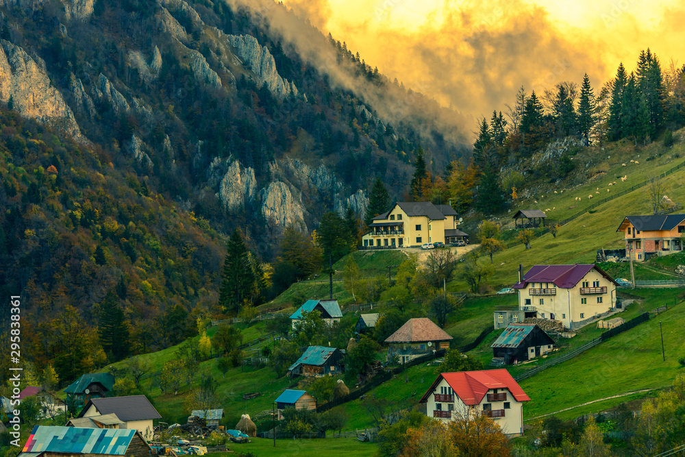 Beautiful scenery landscape Romania Magura Pestera village mountains hills fields foggy morning Beautiful scenery landscape Romania Magura Pestera village mountains hills fields foggy morning