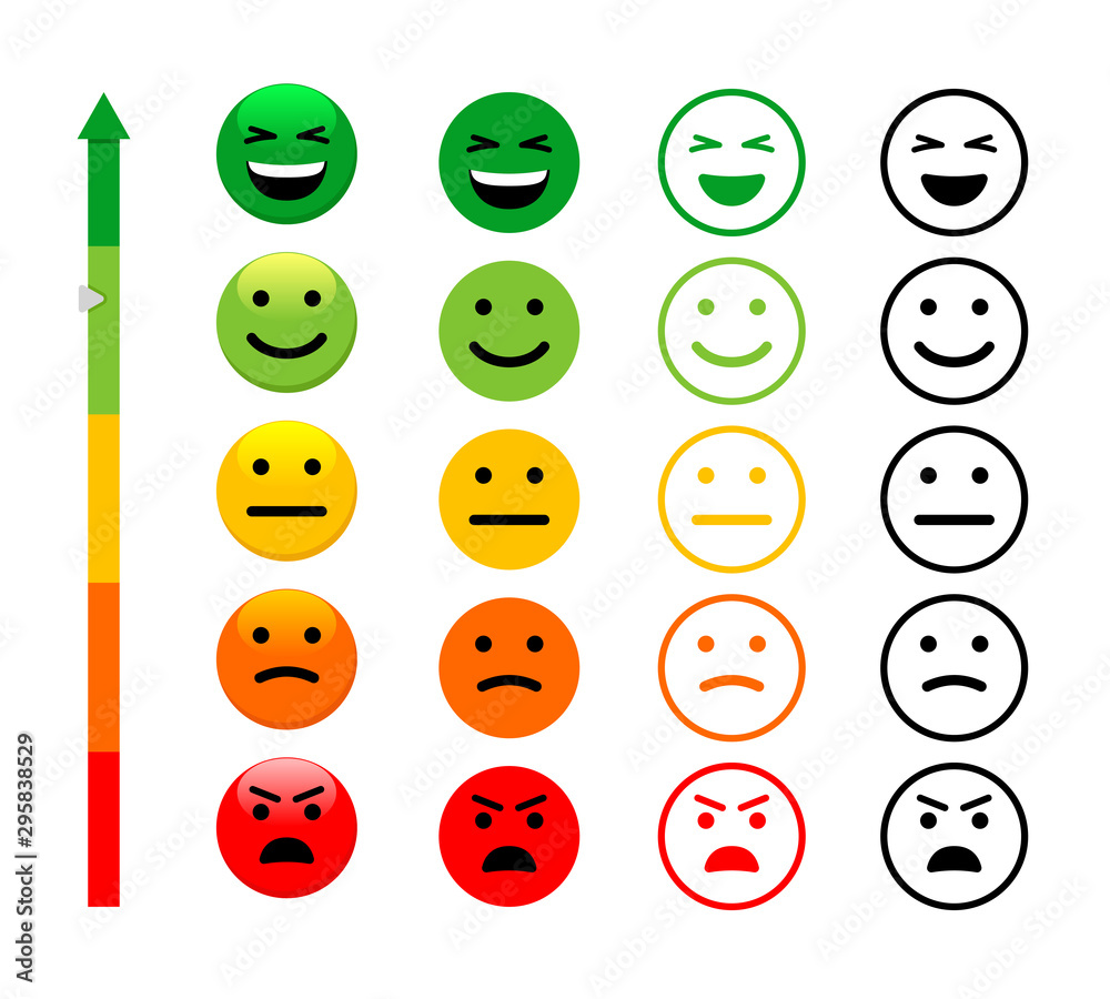 Ranking scale faces vector illustration. Customer satisfaction rating. Happy, smiling and angry faces isolated on white background. Client positive and negative feedback design elements Ranking scale faces vector illustration. Customer satisfaction rating. Happy, smiling and angry faces isolated on white background. Client positive and negative feedback design elements