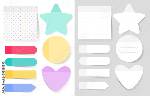 Sticky notes vector illustrations set. Notepad blank paper sheet for planning and scheduling. Round, heart, square shapes color empty reminders isolated cliparts pack. Memo notes collection