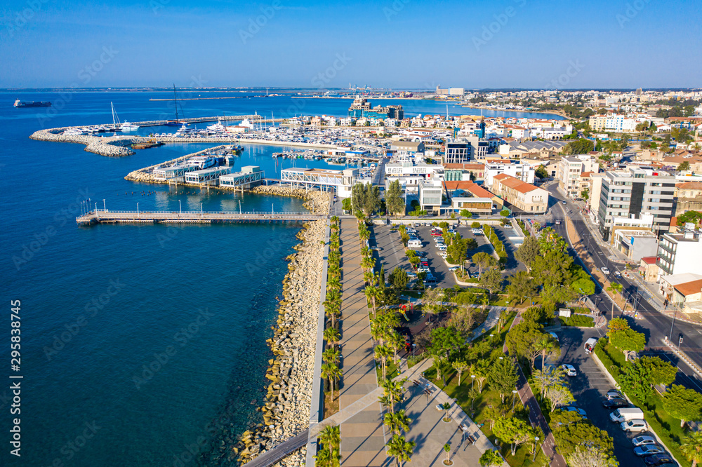 Island of Cyprus. The Seafront Of Limassol. Promenade Of Molos. Marina. Mediterranean coast with a drone. Tourist infrastructure of Cyprus. Mediterranean landscape on a summer day. Holidays in Cyprus.
