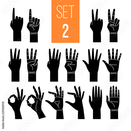 Woman hands showing gesture glyph icons set. One, two, three, four, five numbers symbol. Arm pointing with index finger isolated clipart on white background. OK symbol. Nonverbal language