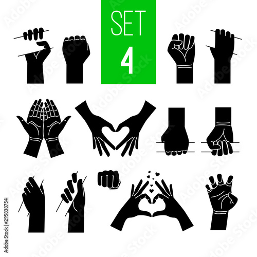 Woman hands showing gestures black illustrations set. Arm holding bar, stick, bus handrail isolated cliparts on white background. Love and peace symbols pack. Nonverbal language design elements