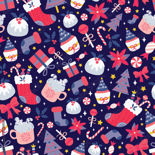 Christmas seamless pattern with sweet desserts, milk, candies, gift box, christmas tree, ribbon, poinsettia and holly berry on starry background. Cute holiday vector illustration.