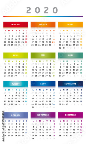 Calendrier 2020 - 3 Colonnes / 4 Trimestres - Couleurs Arc-en-Ciel - Français