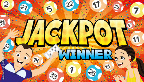 Jackpot lottery winner red banner with happy couple and lottery balls.