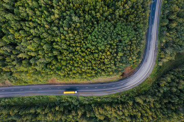 Wandcirkels Olijfgroen Vrachtwagen op bergweg door bos  © Vitaliy Kaplin