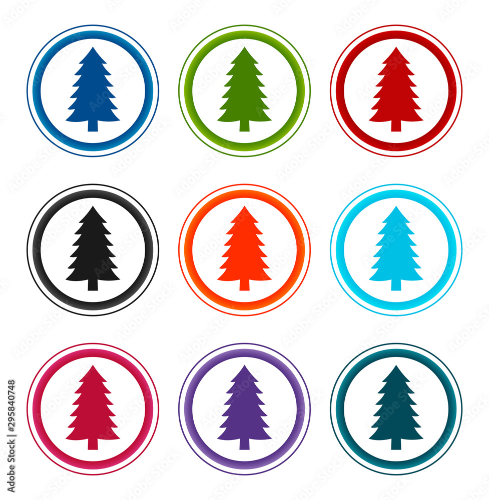Evergreen conifer pine tree icon flat round buttons set illustration design Evergreen conifer pine tree icon flat round buttons set illustration design