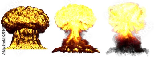 3D illustration of explosion - 3 big very high detailed different phases mushroom cloud explosion of fusion bomb with smoke and fire isolated on white