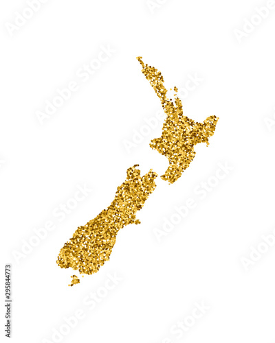 Vector isolated illustration with simplified New Zealand map. Decorated by shiny gold glitter texture. New Year and Christmas holidays' decoration for greeting card