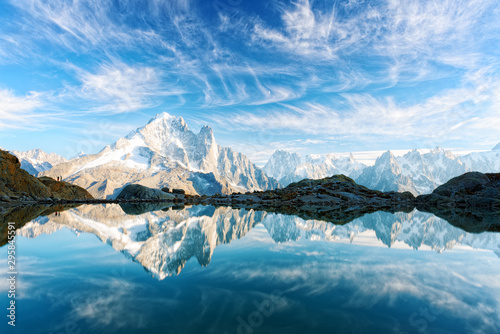 Fotografie, Obraz Incredible view of clear water and sky reflection on Lac Blanc lake in France Alps