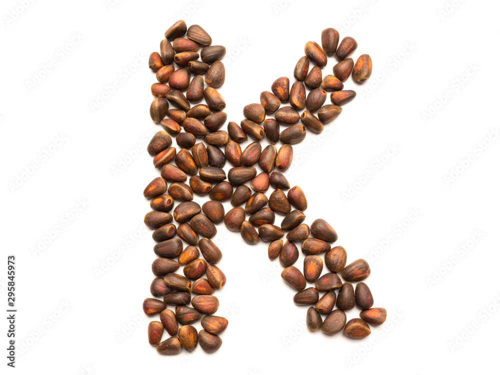 Isolated object: letter lined with ripe pine nuts Isolated object: letter lined with ripe pine nuts