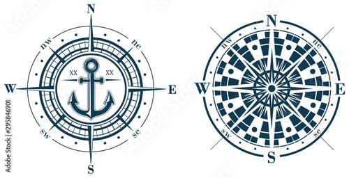 Set of compass roses or wind roses