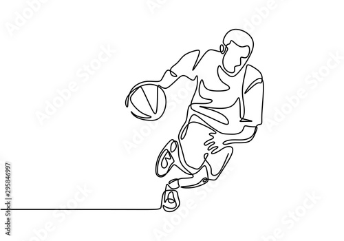 Basketball continuous one line drawing vector illustration. Athlete player dribbling a ball on the game play.