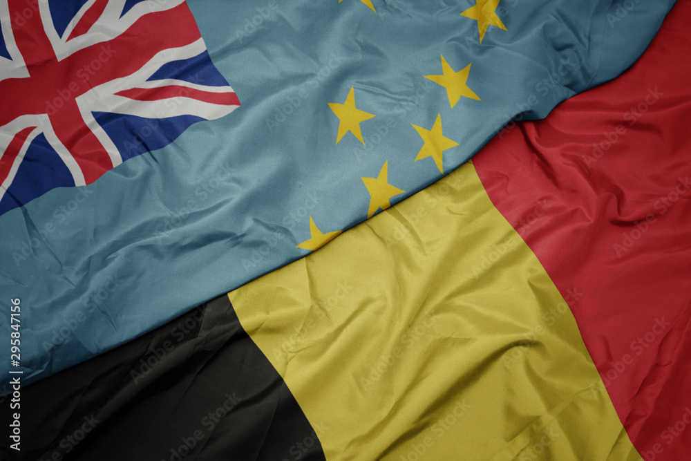 waving colorful flag of belgium and national flag of Tuvalu . waving colorful flag of belgium and national flag of Tuvalu .