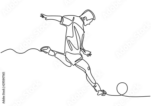 One line sport of running person. Man doing exercise activity drawing continuous design. Person kick a ball during the match or competition.