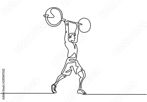 Man doing squats with barbell continuous one line drawing vector illustration. Gym theme of workout simplicity style design.