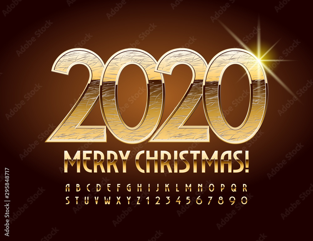 Vector gold Greeting card merry Christmas 2020! Rich textured Font. Shiny elite Alphabet Letters and Numbers