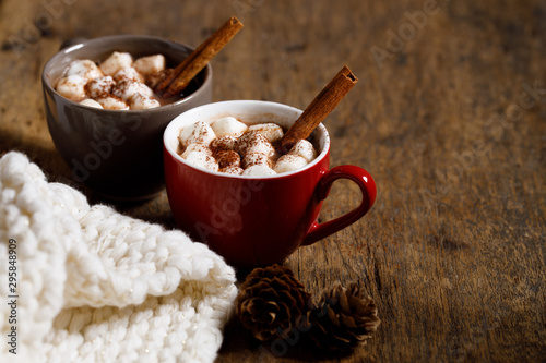 Hot cocoa with marshmallow in a red ceramic cup